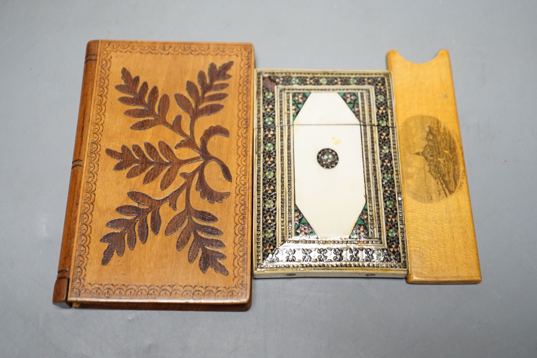 A bronze model, Spinario, 10cm., an ivory aide memoire and card case, wooden cases, etc.